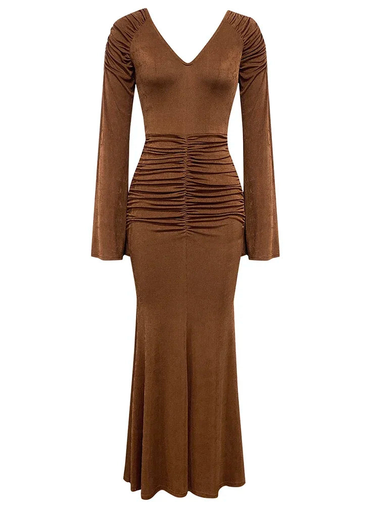 Brown V-Neck Flare Sleeve Maxi Dress VestiVogue Brown L