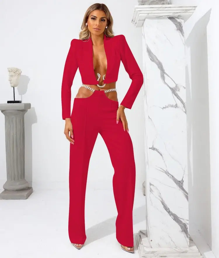 Red V-Neck Blazer Set VestiVogue