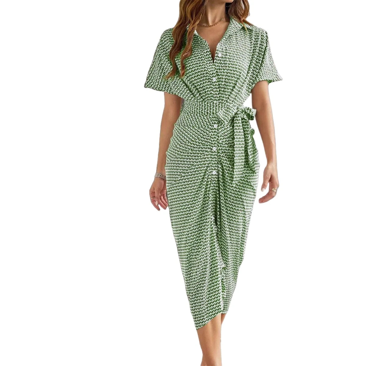 Short-sleeved striped summer Dress with buttons VestiVogue Green XL