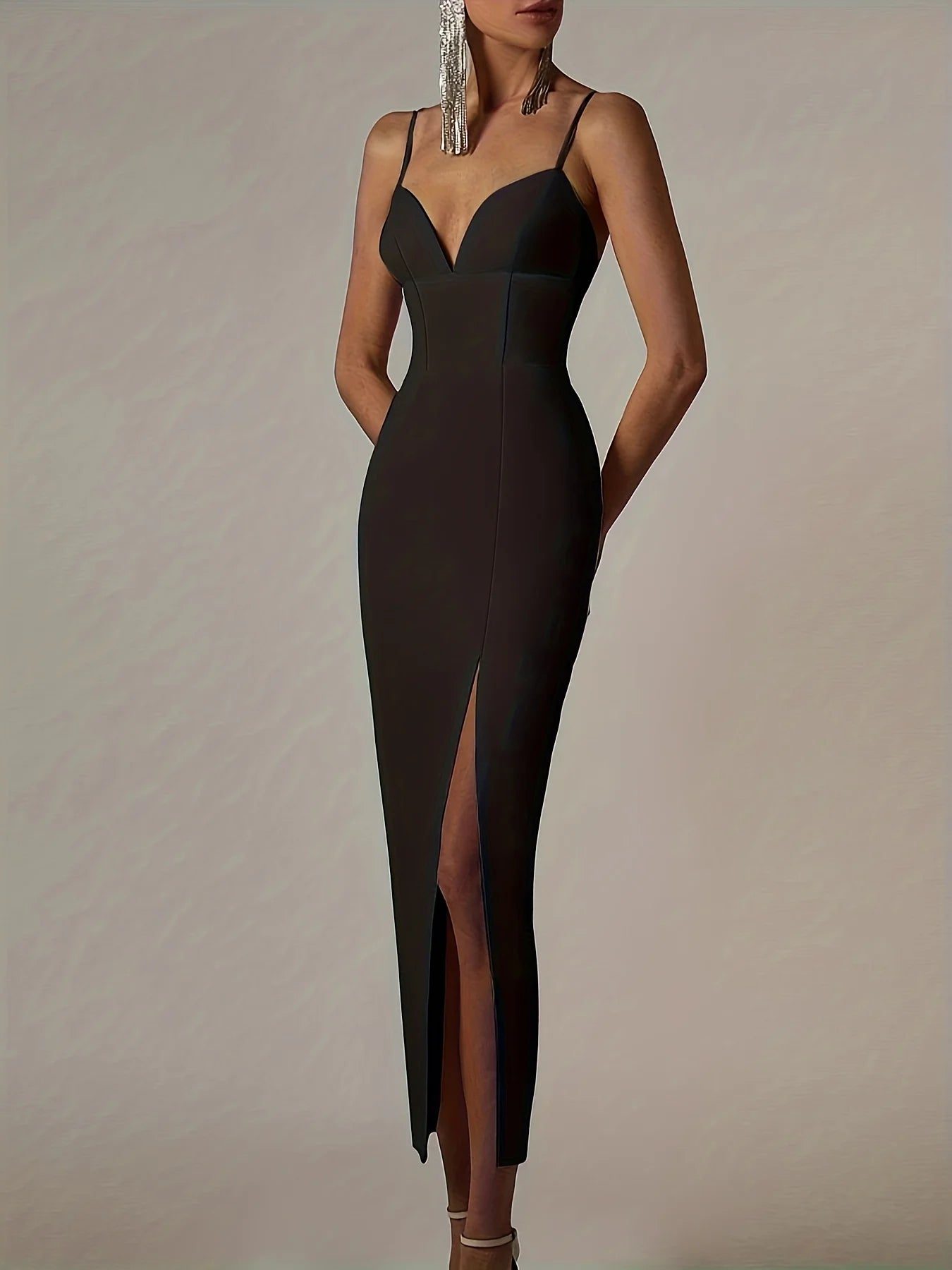 Black Bandage Midi Dress with Spaghetti Straps VestiVogue