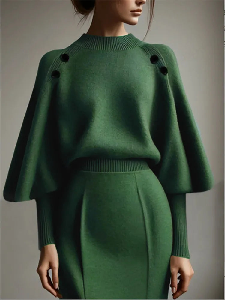 Elegant Green Balloon Sleeve Pullover with Decorative Buttons VestiVogue green L