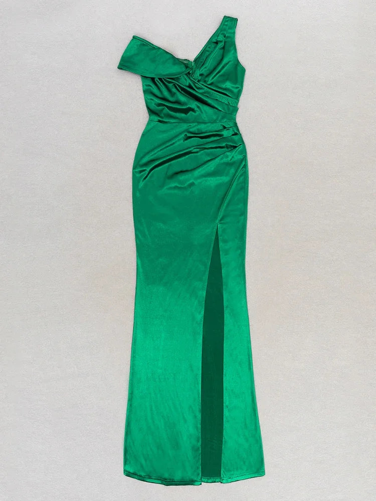 One Shoulder Asymmetrical Green Satin Maxi Dress VestiVogue