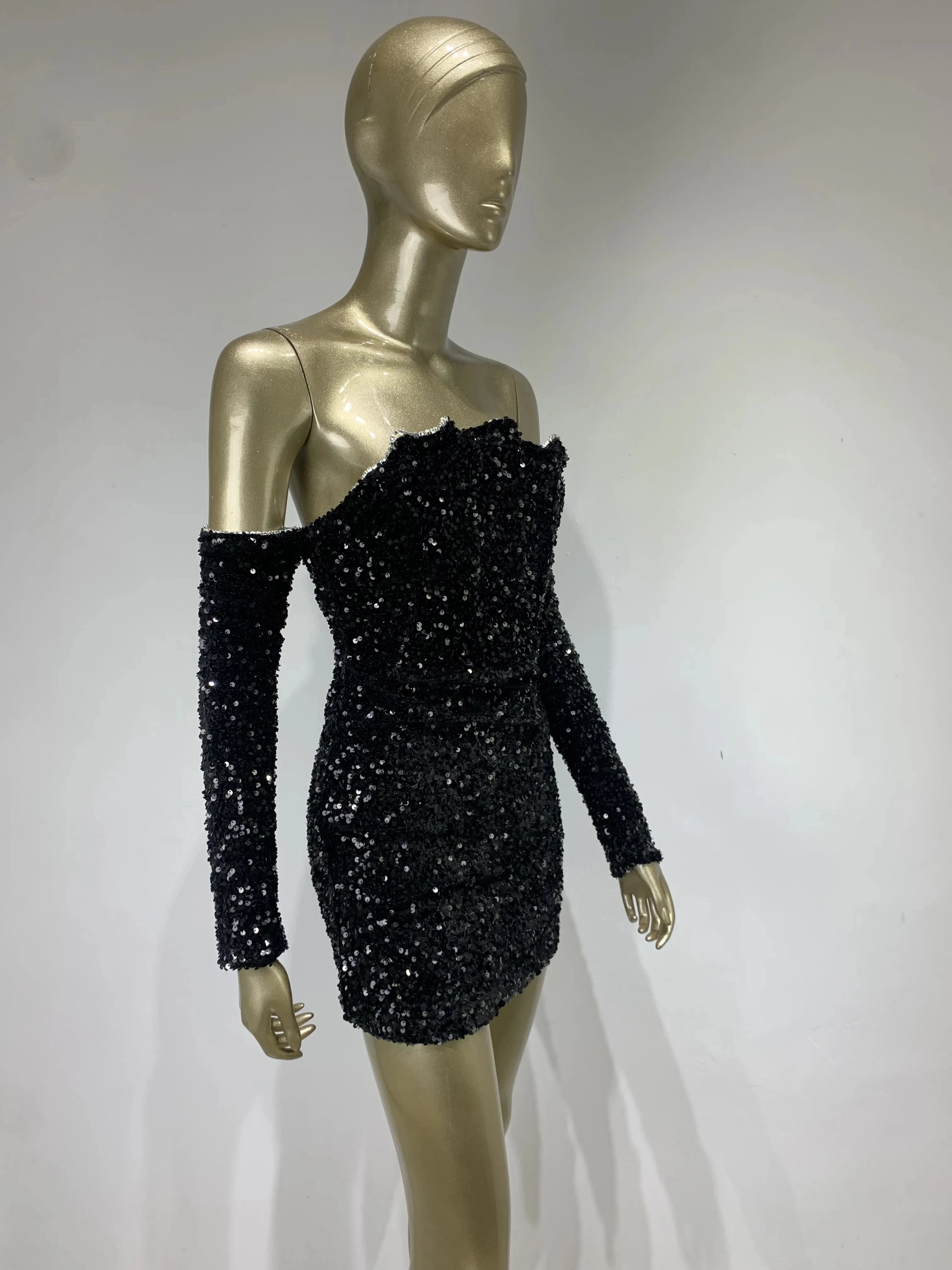 Sexy Off Shoulder Sequin Black Mini Dress VestiVogue  