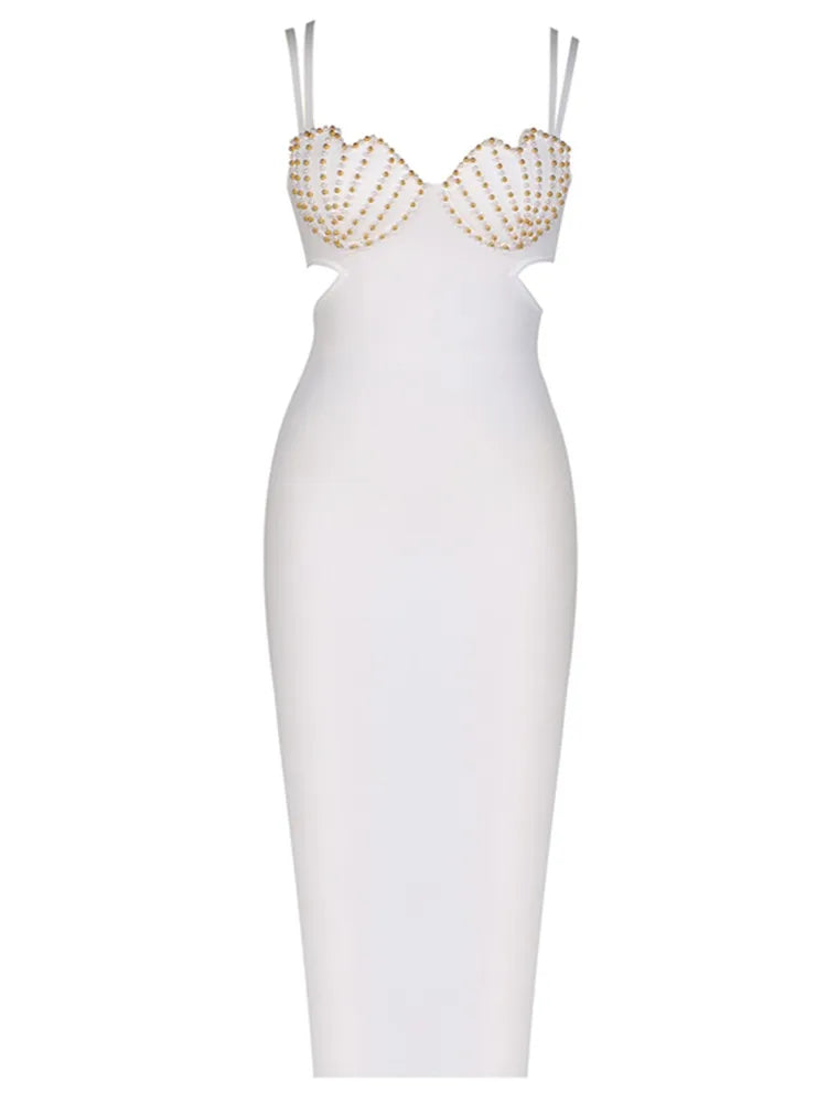 V Neck Beading Bodycon Midi Bandage Dress VestiVogue  