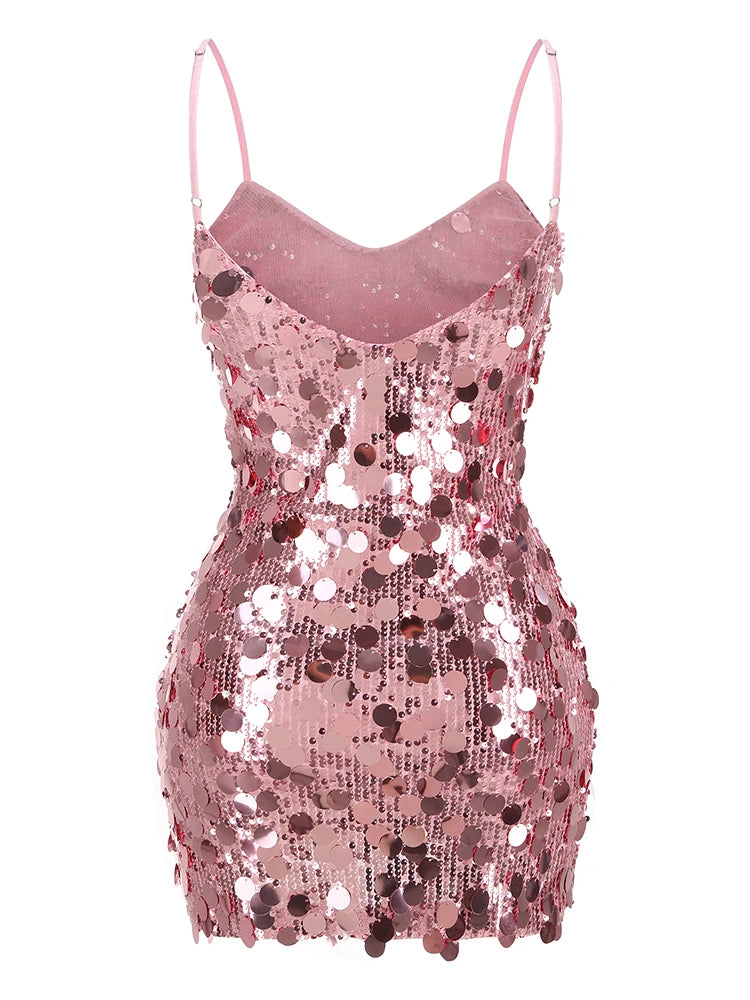 Sequin Pink Spaghetti Strap Mini Dress VestiVogue