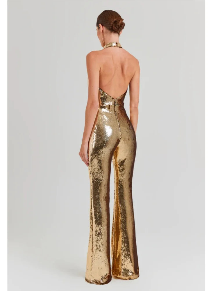 Gold Sequin Boot Cut Jumpsuit VestiVogue