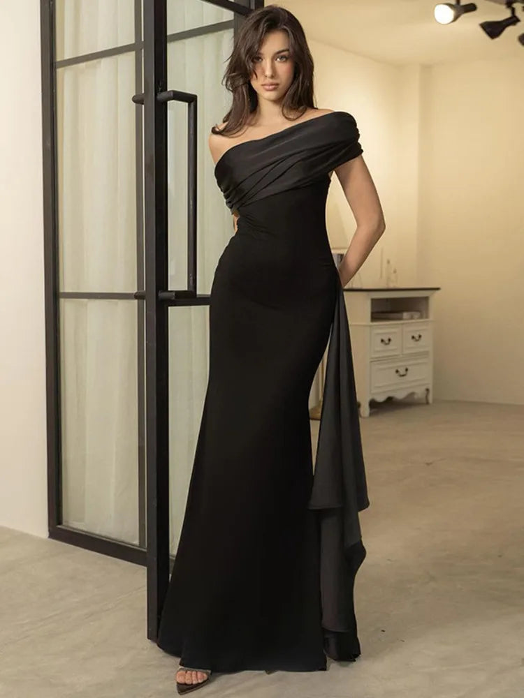 One Shoulder Mesh Patchwork Ribbon Dress - Elegant Slim Fit Black Evening Dress VestiVogue  