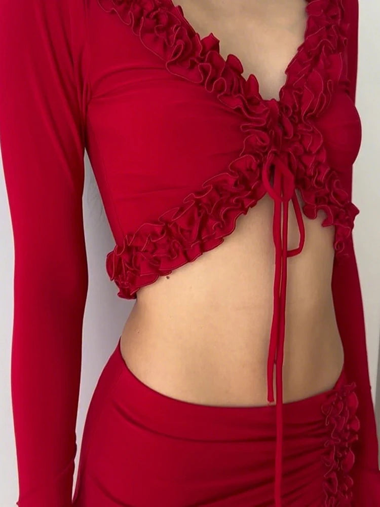 Ruched Lace Crop Top & Side Split Skirt Set VestiVogue