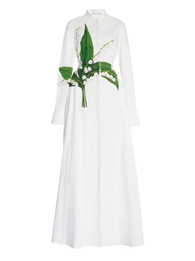 Floral Print A-Line Long Sleeve Maxi Shirt Dress VestiVogue WHITE XXL