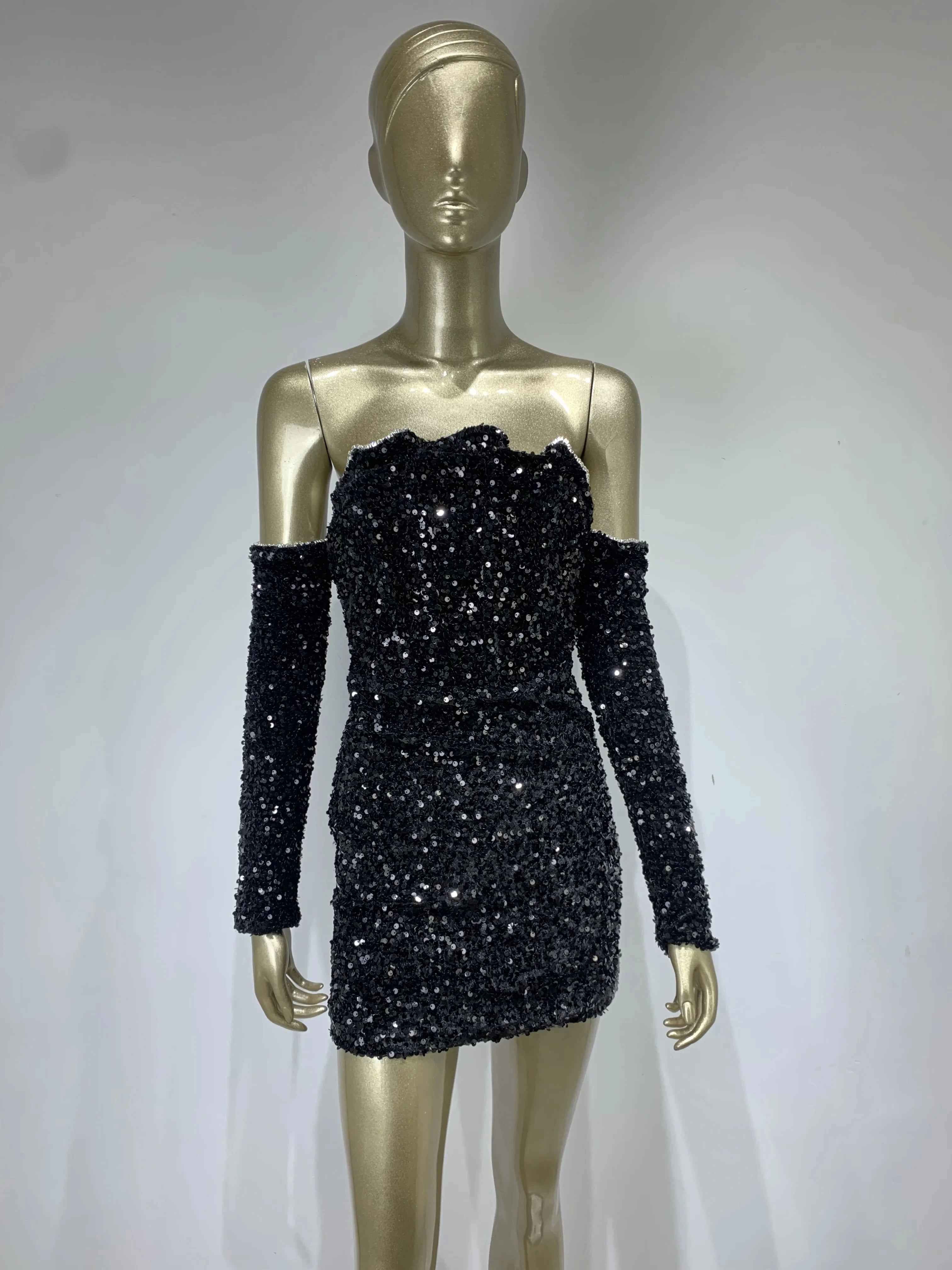 Sexy Off Shoulder Sequin Black Mini Dress VestiVogue  