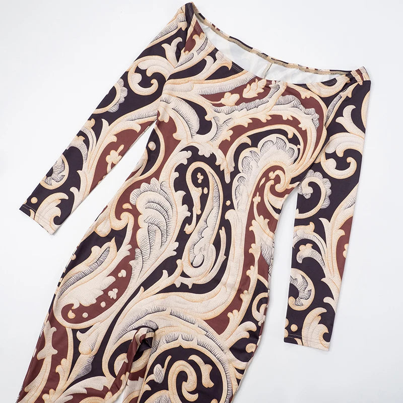 Chic One-Shoulder Printed Jumpsuit with Slim Fit and Long Sleeves VestiVogue