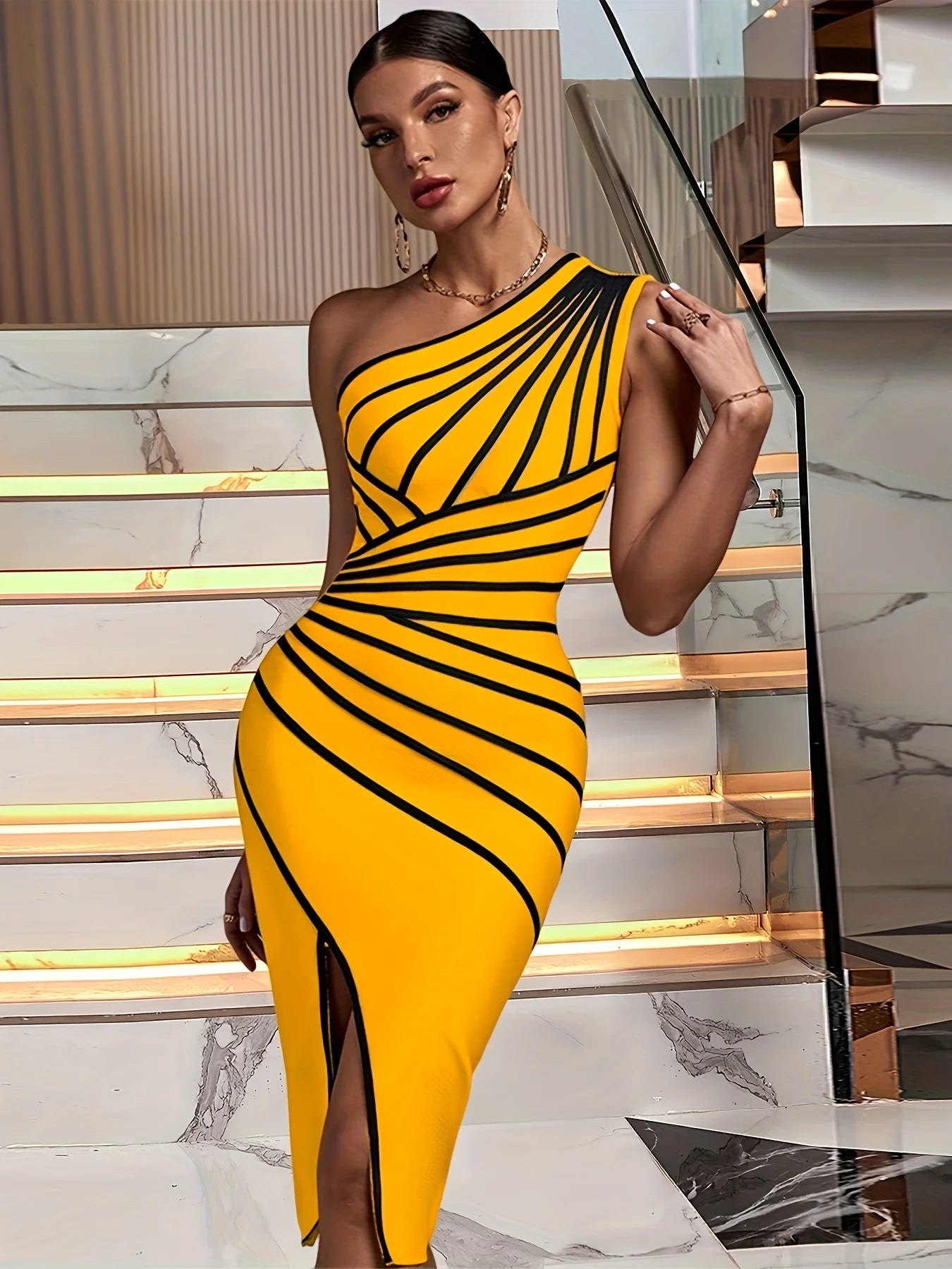 One-Shoulder striped Bandage dress VestiVogue Yellow S