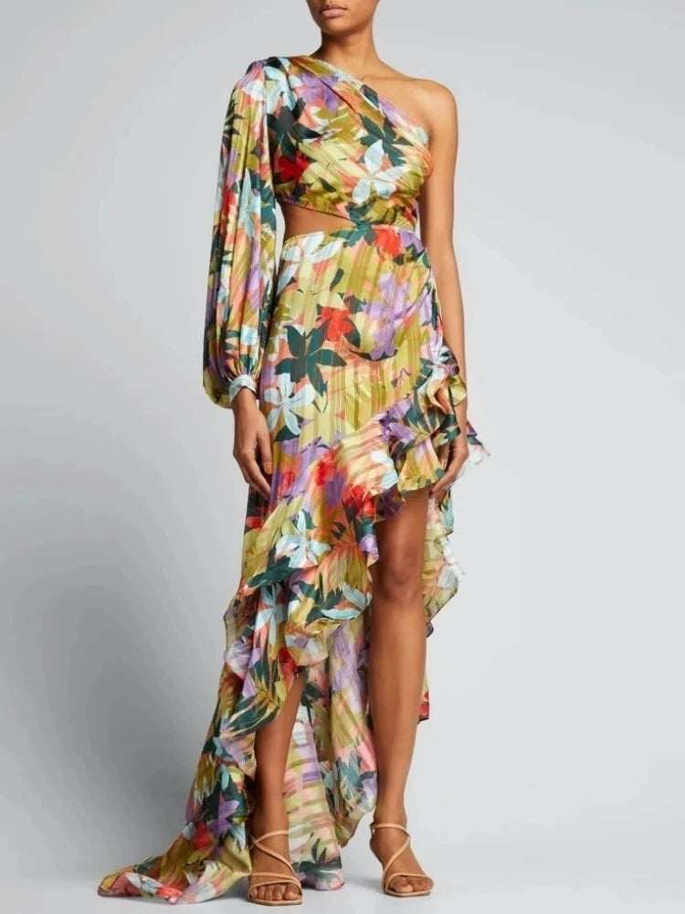 VFloral One Shoulder Split Maxi Dress VestiVogue Brown M