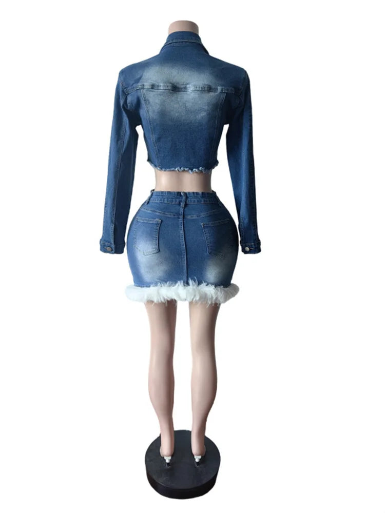 Chic Two-Piece Denim Set with Polo-Neck Top and Furry Patchwork Skirt VestiVogue
