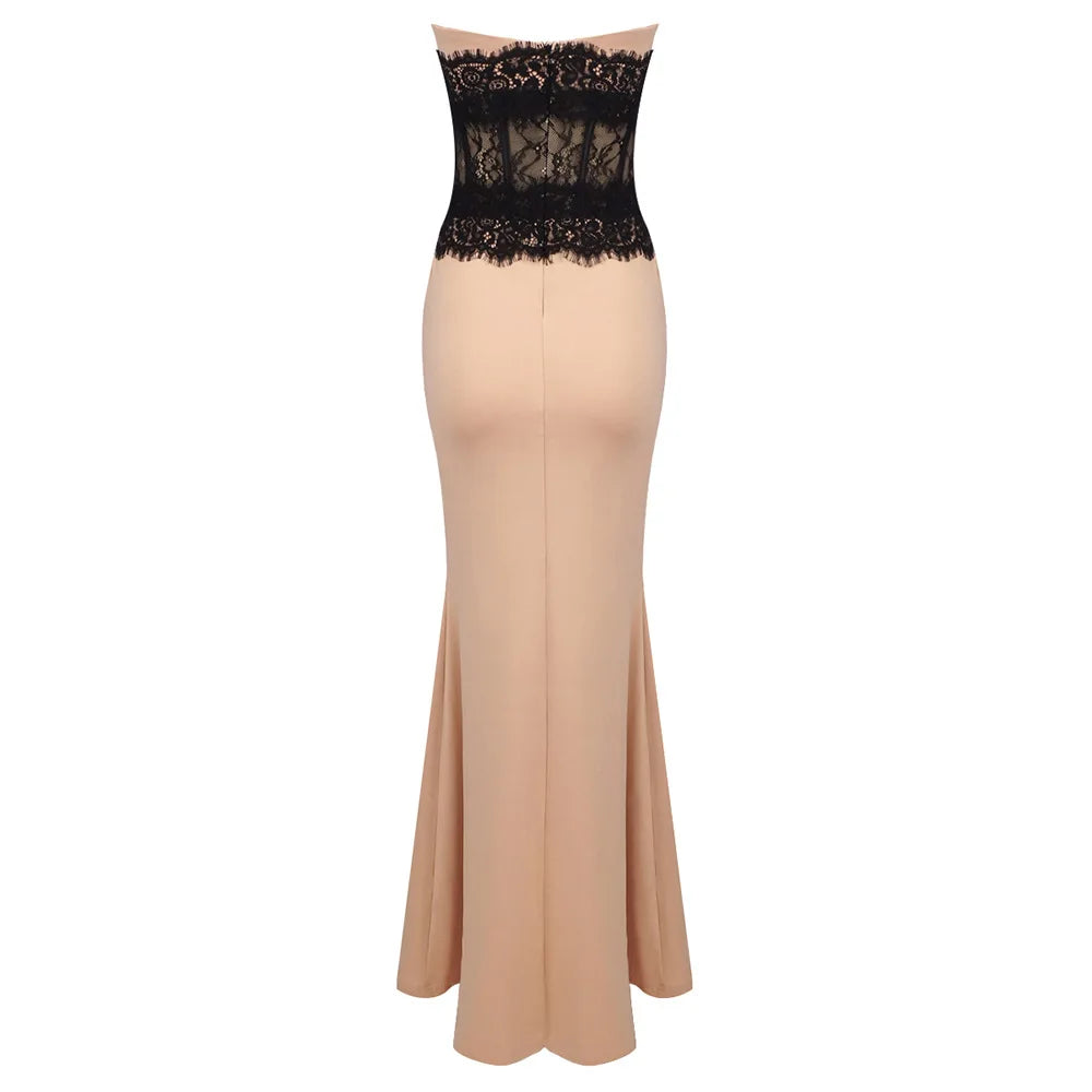 Elegant Strapless Lace Maxi Dress in Black VestiVogue