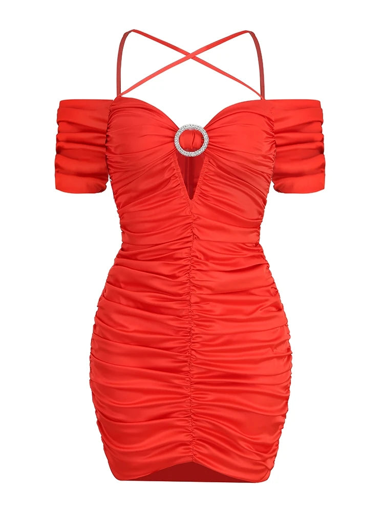 Off-The-Shoulder Ruched Satin Mini Dress VestiVogue Orange red S