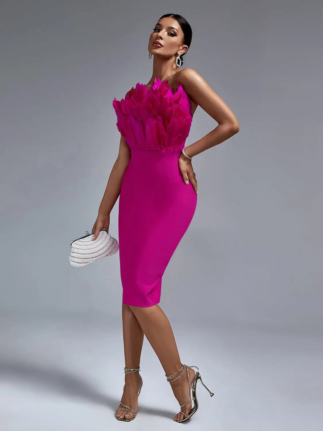 Pink Strapless Bandage Dress with Feather Details VestiVogue