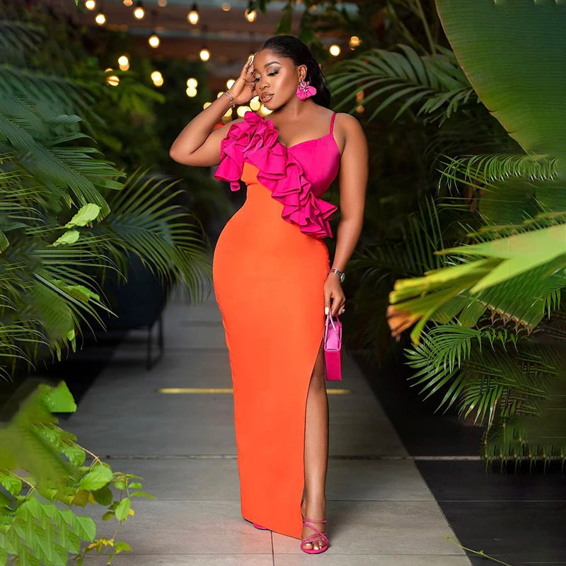 Vibrant Orange V-Neck Ruffle Midi Dress VestiVogue