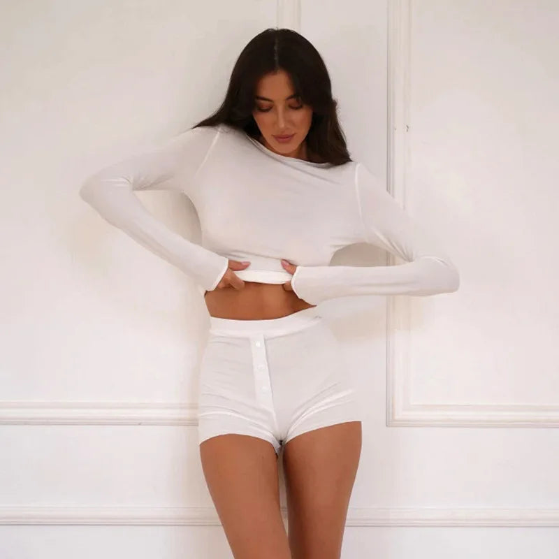 Chic Long Sleeve Top and Shorts Set - Effortless Loungewear Elegance VestiVogue