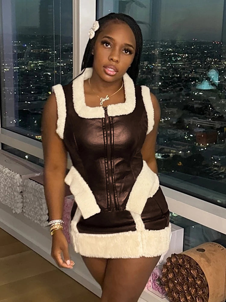 Chic Patchwork Two-Piece Set with Zip-Up Crop Top and High-Waisted Mini Skirt VestiVogue Brown S