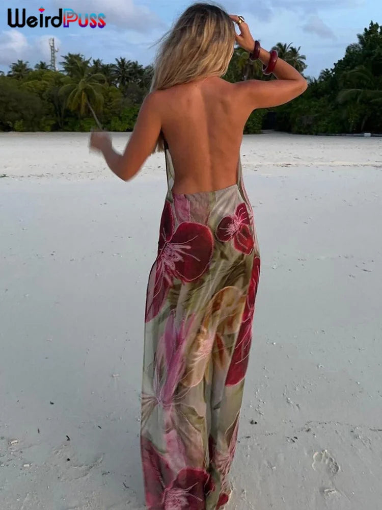 Floral Print Asymmetrical Halter Dress VestiVogue