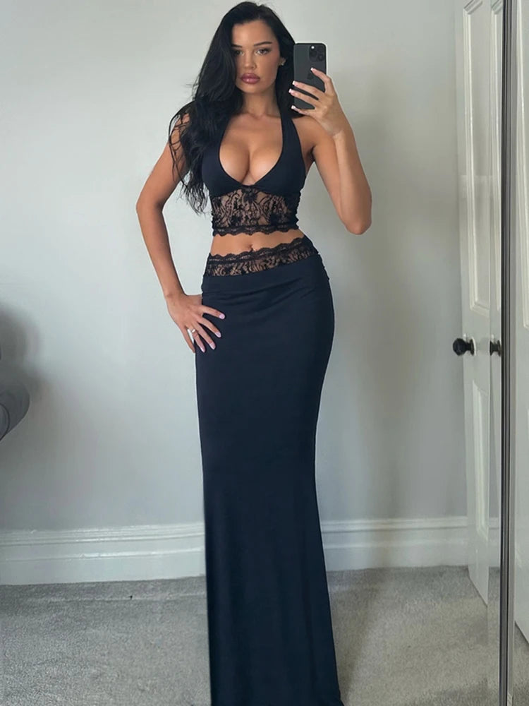 Lace Patchwork Halter Backless Two-Piece Set VestiVogue