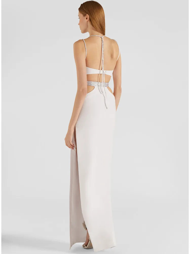 White Sexy V Neck Cut Out Crystal Maxi Dress VestiVogue