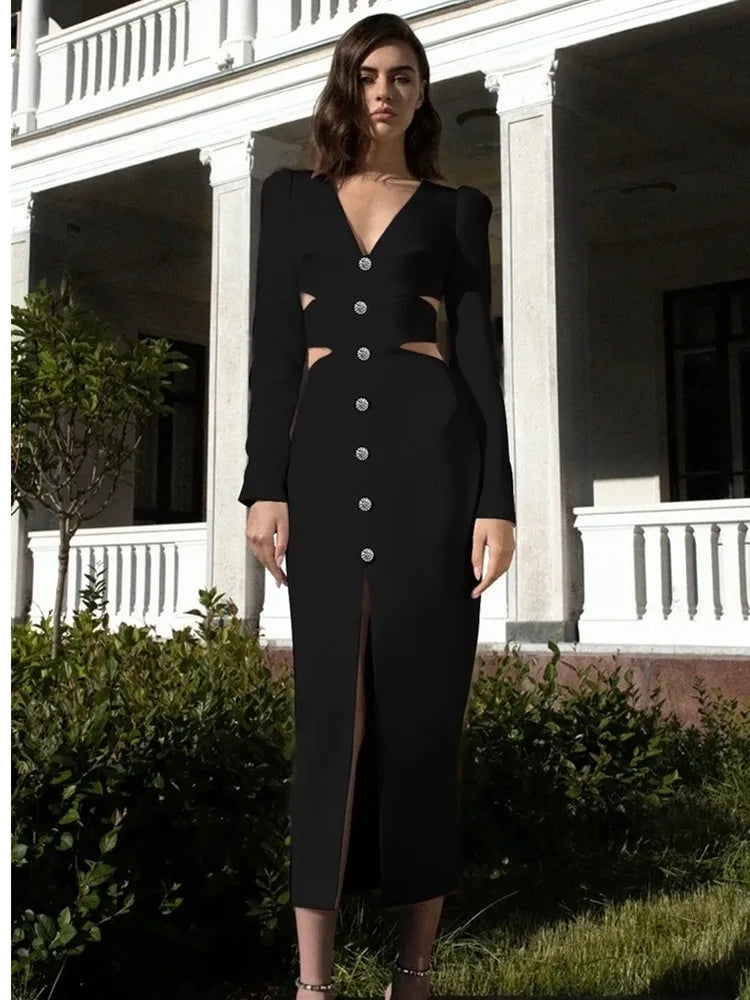 Elegant Cut-Out Midi Bandage Dress with V-Neck and Long Sleeves VestiVogue