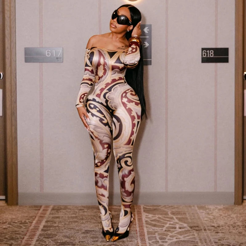 Chic One-Shoulder Printed Jumpsuit with Slim Fit and Long Sleeves VestiVogue