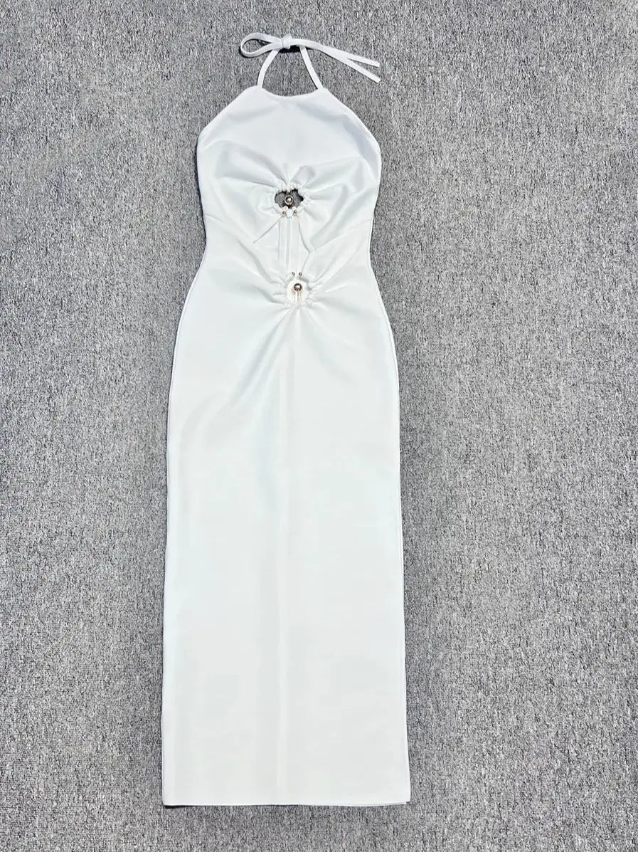 White Halter Cut Out Long Gown VestiVogue