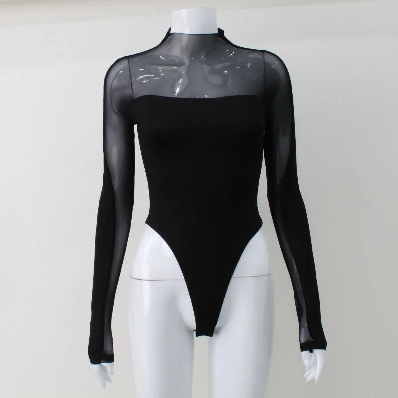 Chic Patchwork Mesh Long Sleeve Turtleneck Bodysuit VestiVogue Black 9722 M