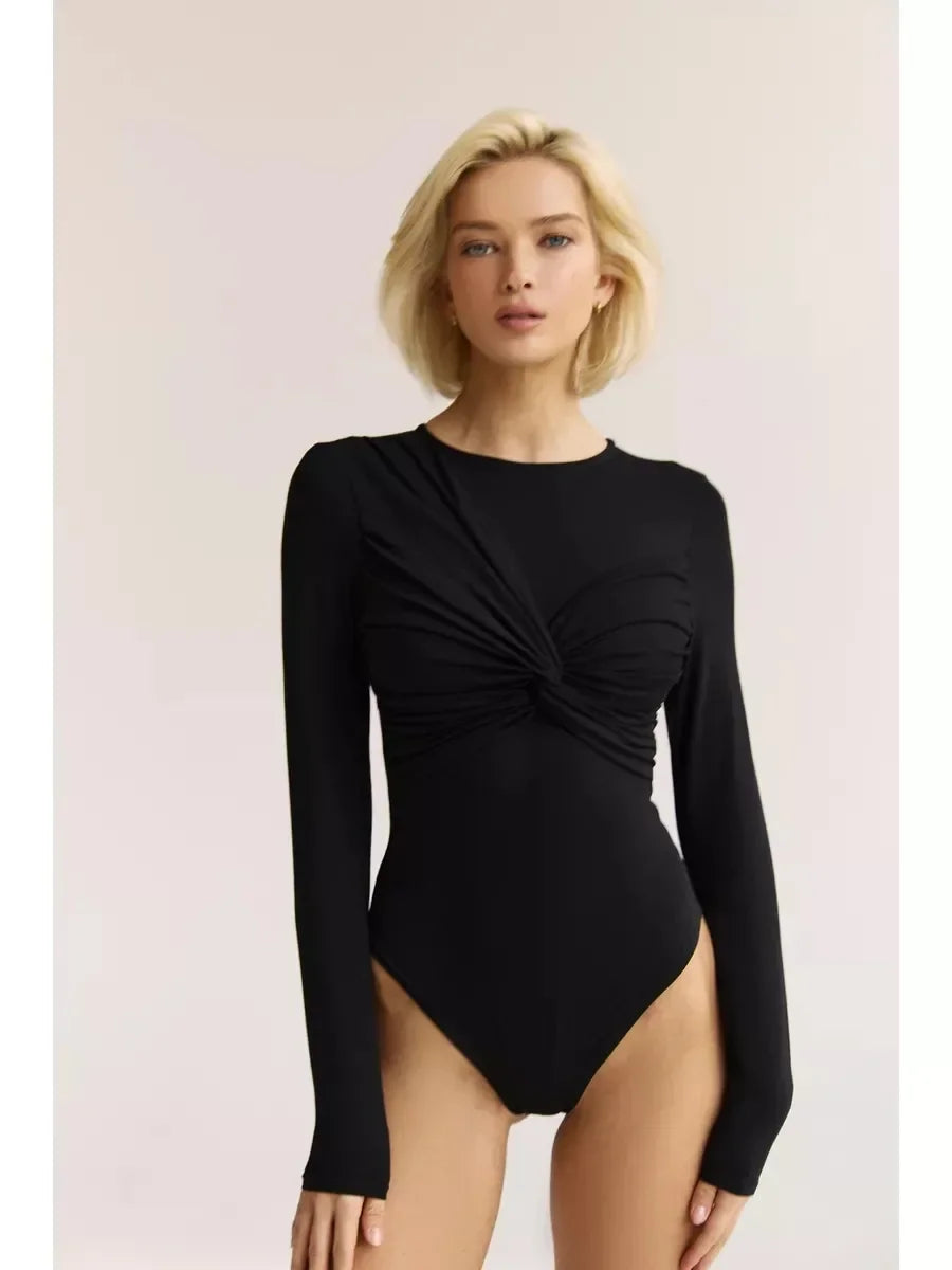 Timeless Long Sleeve Knot Bodysuit Jumpsuit in Solid Colour VestiVogue black LTY1002 XL