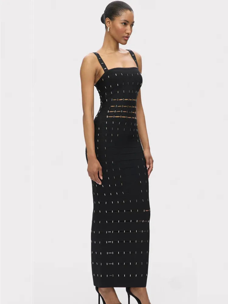 Elegant Black Beaded Sleeveless Bodycon Maxi Dress VestiVogue