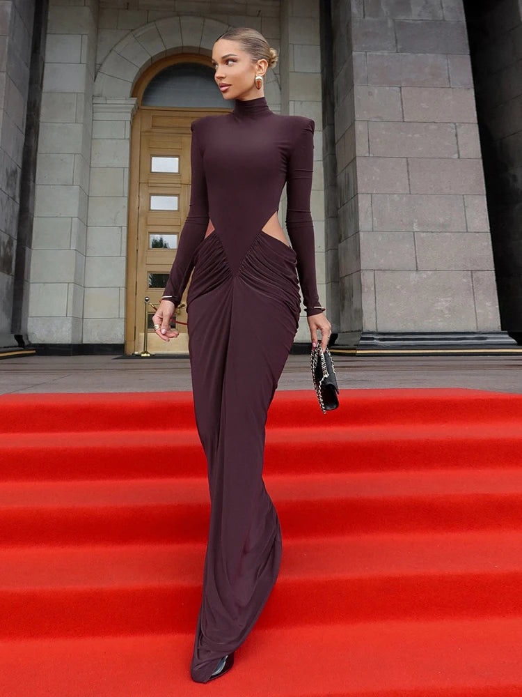 Ruched Turtleneck Bodycon Dress with Hollow Waist Design VestiVogue