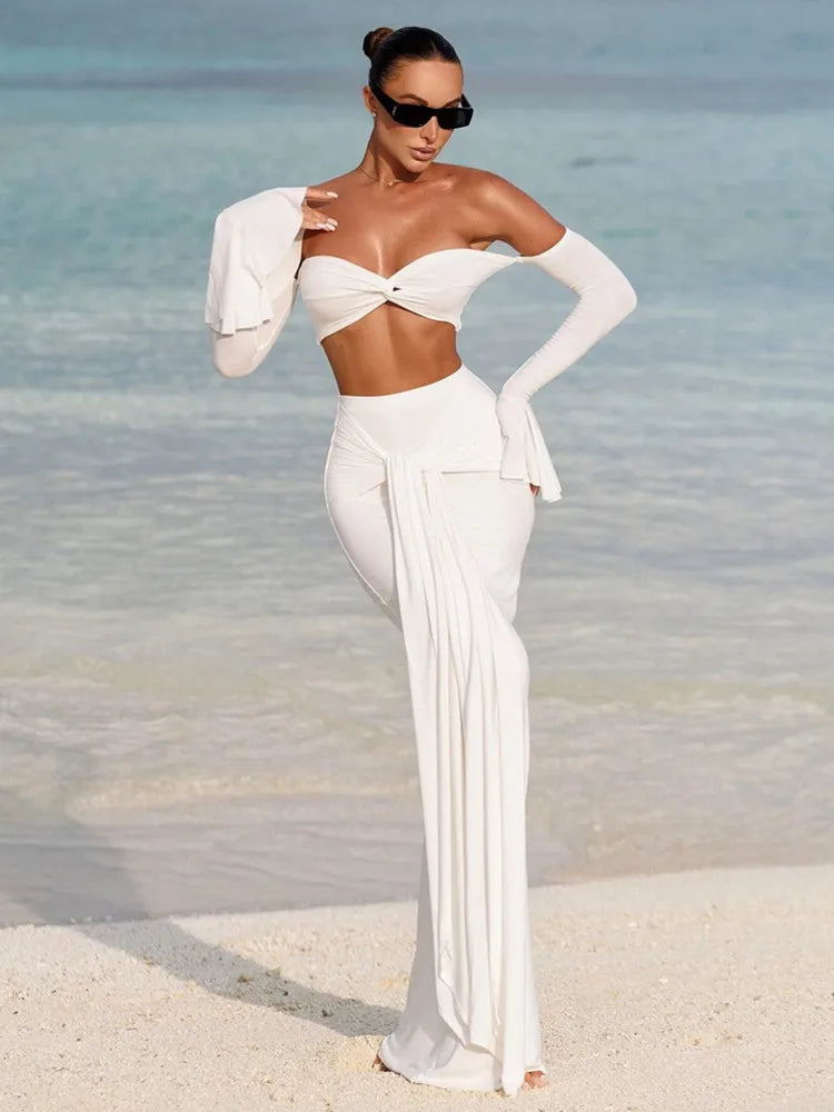 Elegant Off-Shoulder Ruffled White Maxi Two-Piece Set VestiVogue WHITE XS