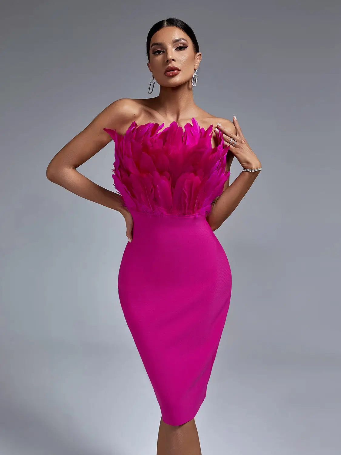 Pink Strapless Bandage Dress with Feather Details VestiVogue