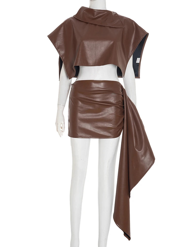 Chic Faux Leather 2-Piece Set with Turn-Down Collar and Mini Skirt VestiVogue
