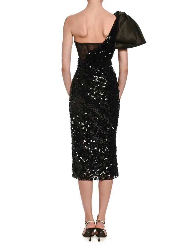 One Shoulder Black Glitter Satin Dress VestiVogue  