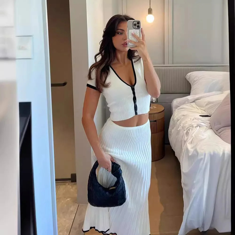 Knit Patchwork Crop Top and A-Line Skirt Set VestiVogue WHITE L