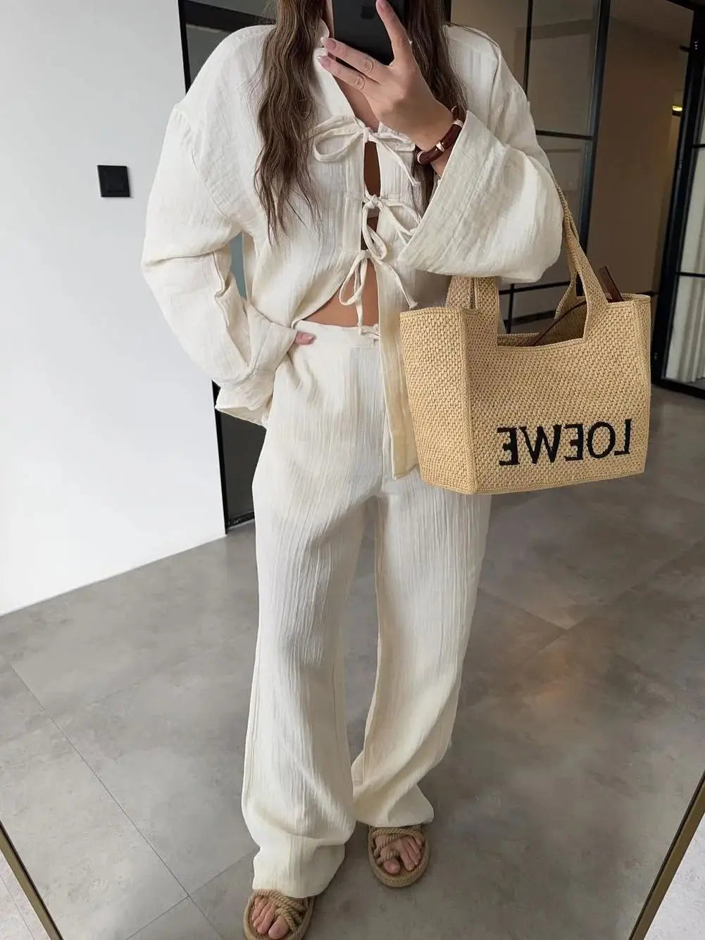 Chic Lace Up V-Neck and Wide Leg Trousers Set VestiVogue Beige L