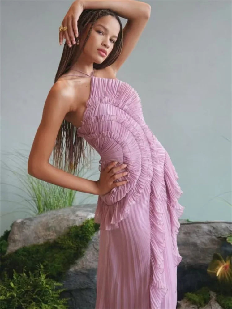 Halter Off-Shoulder Beach Maxi Dress VestiVogue Lotus root color S