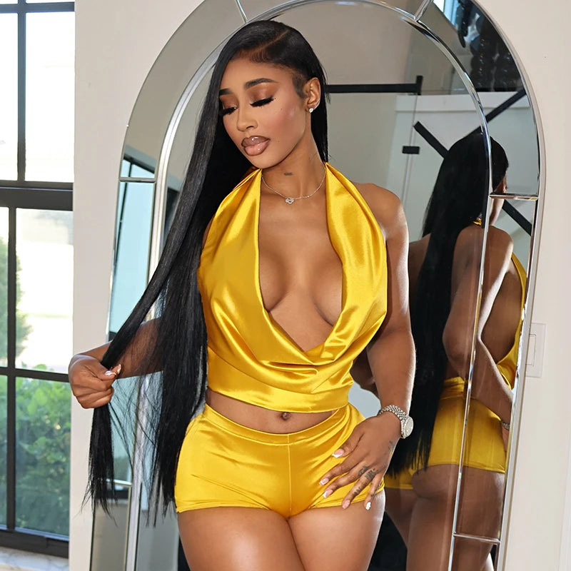 Glossy Backless Two-Piece Tank Top & Shorts Set VestiVogue