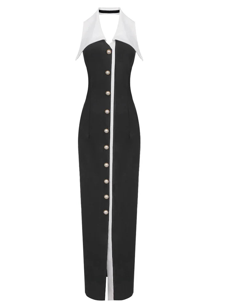 Chic Black and White Maxi Dress with Turn-Down Collar VestiVogue