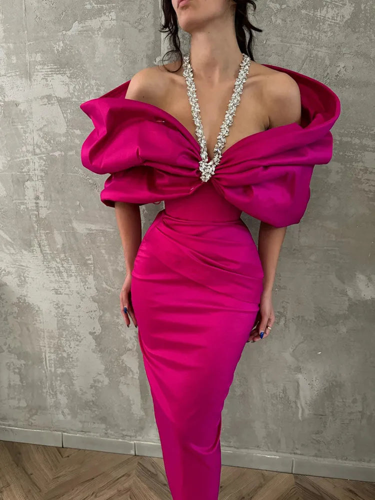 Off-Shoulder Black Maxi Dress with Beaded Detail VestiVogue Fuchsia L