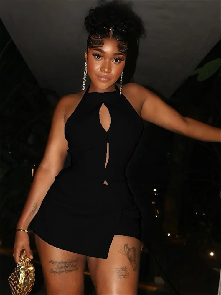 Chic Bows Halter Camisole and Stacked Mini Skirt Set VestiVogue black M