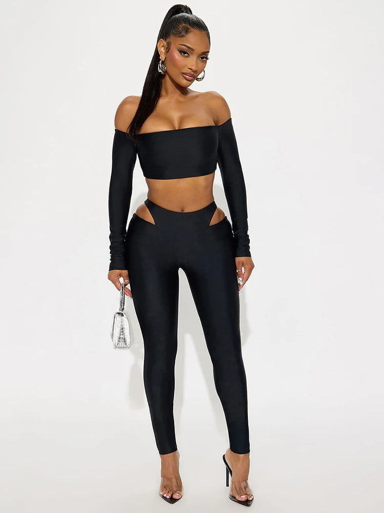 Chic Slash Neck Crop Top & High-Waist Hollow Leggings Set VestiVogue black L
