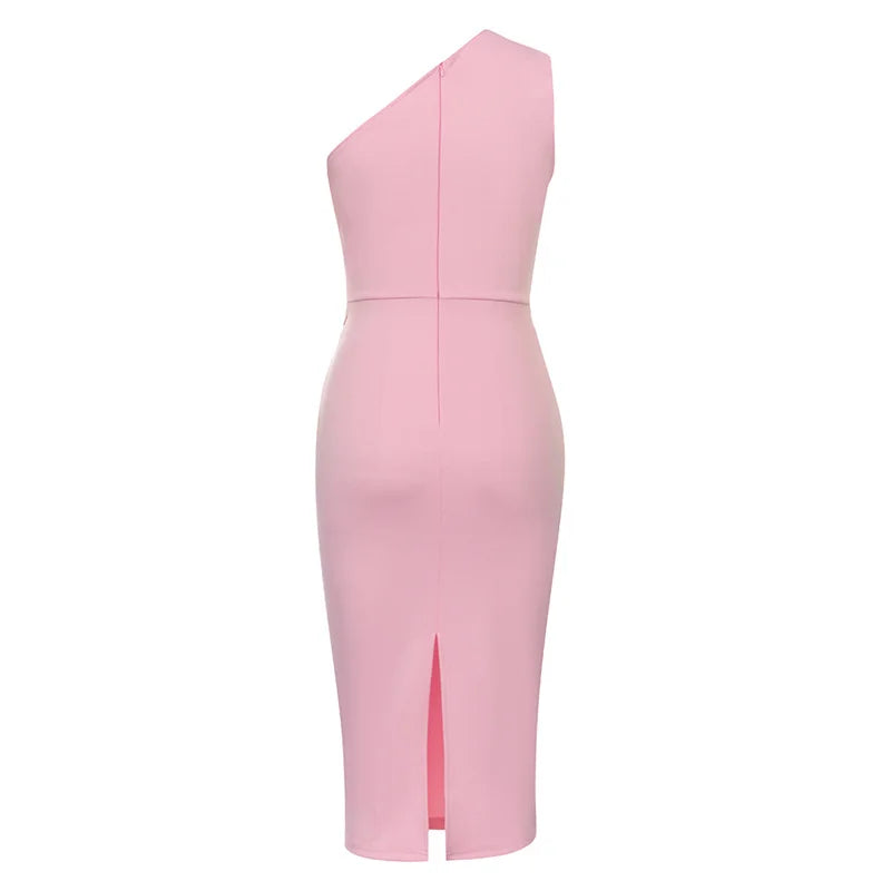 One-Shoulder Pink Bodycon Midi Dress VestiVogue