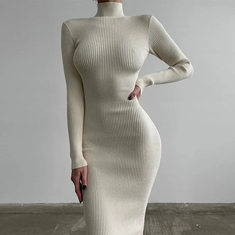 Chic Knitted Turtleneck Bodycon Midi Dress VestiVogue White LYQ252 M