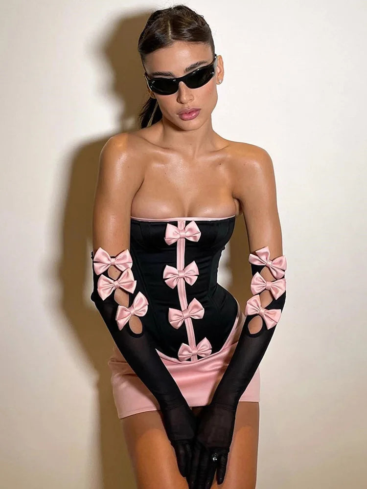 Sexy Strapless Two-Piece Set with Bow Trim and Gloves VestiVogue  