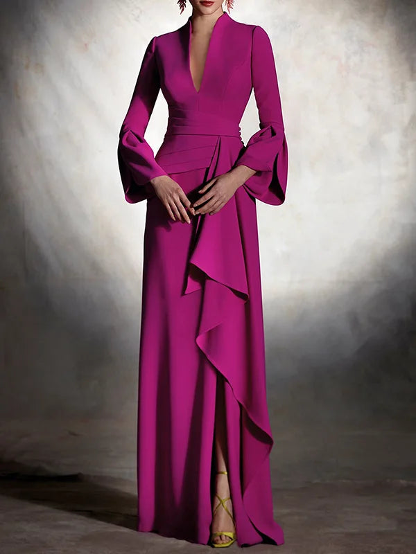 Elegant Floor-Length Pleated Evening Dress with Deep V-Neck and Ruffle Sleeves VestiVogue Pink S
